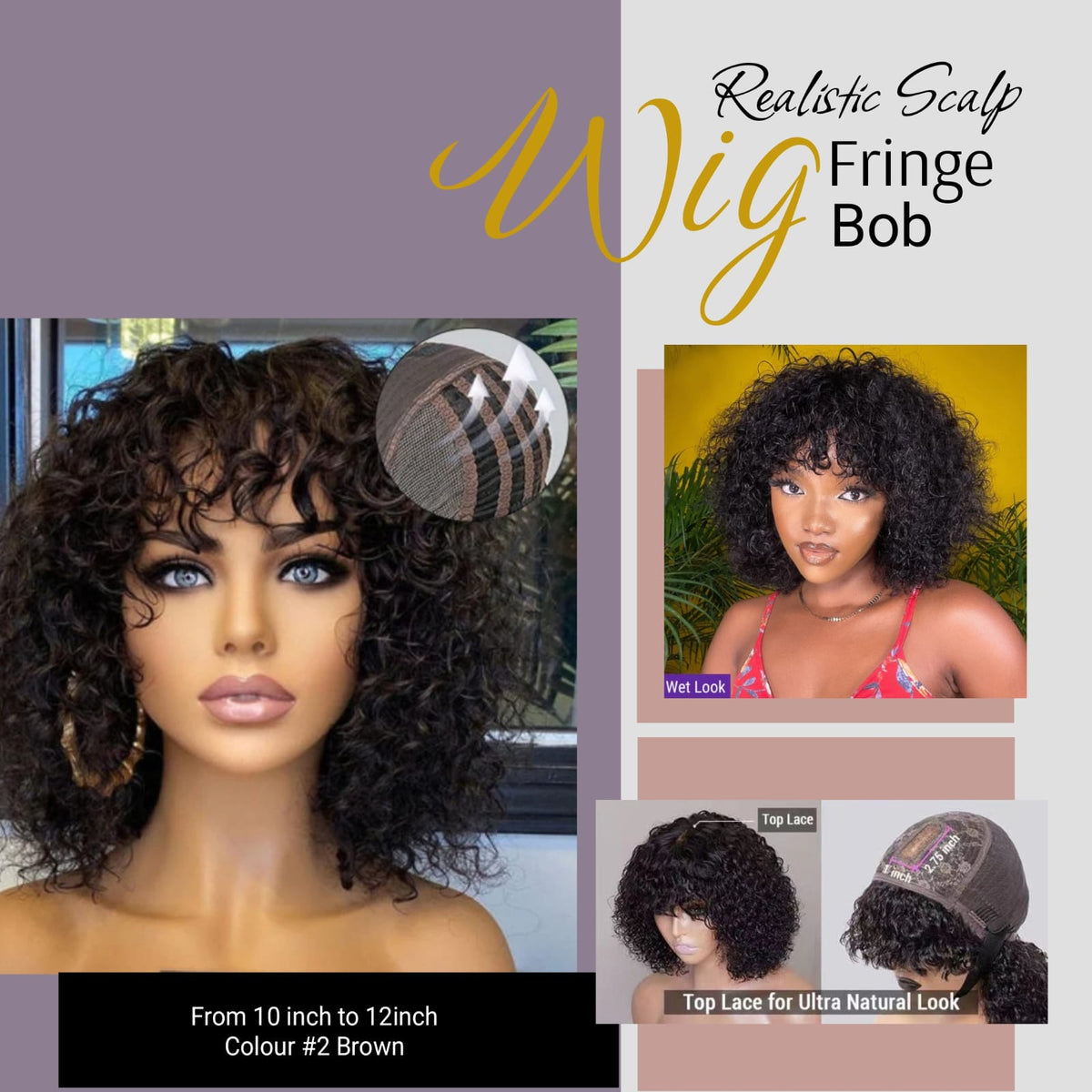 Realistic Scalp Curly Fringe Bob Wig (180 Density)
